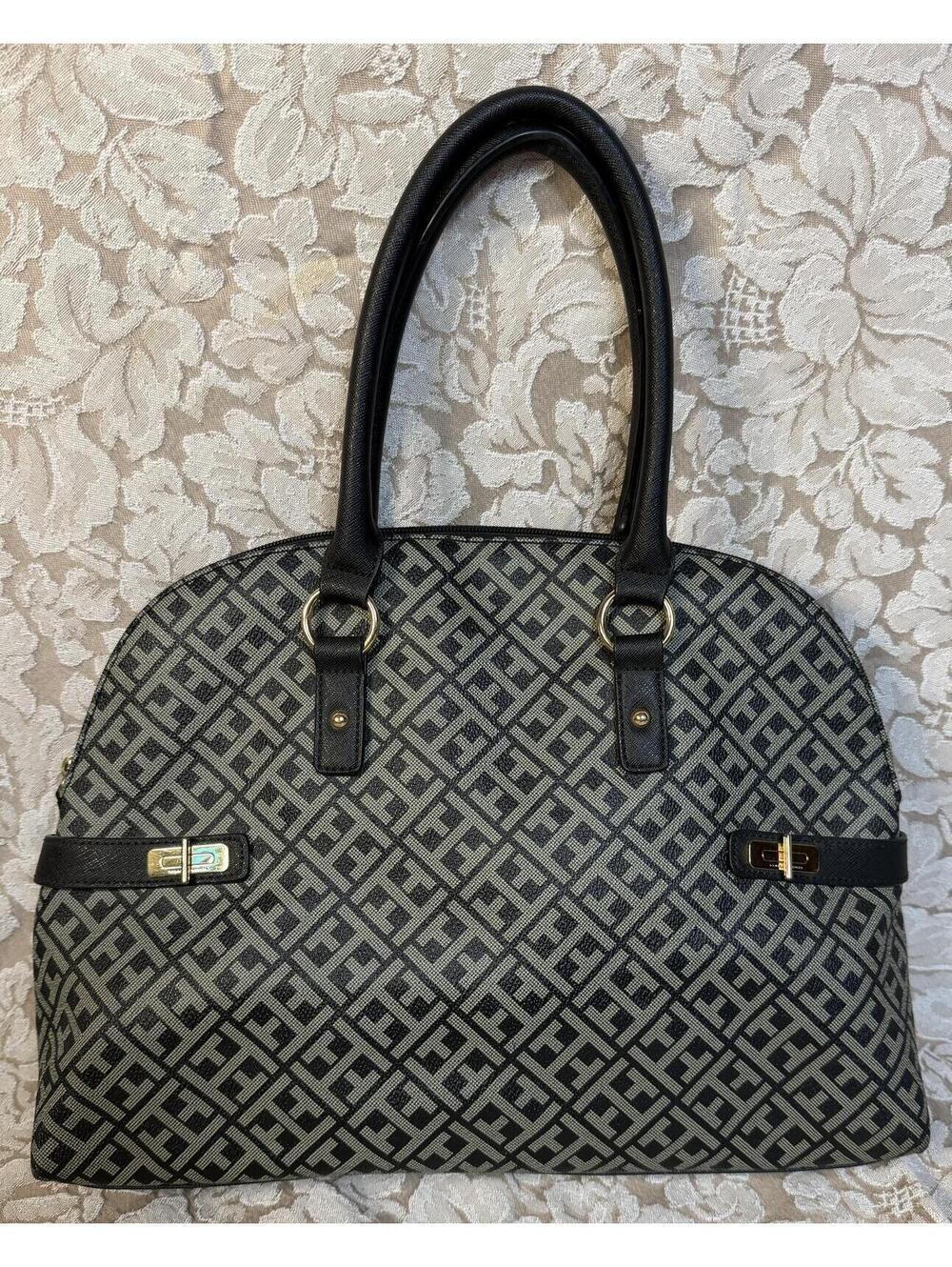 PURSE TOMMY HILFIGER Black and Gray Patterned Dome Handbag with Dual Handles